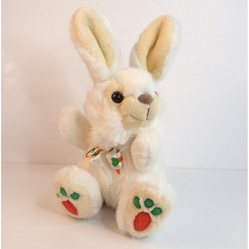 Vintage Main Joy Plush Bunny 8” White & Cream Rabbit Easter Carrot Bow & Feet
